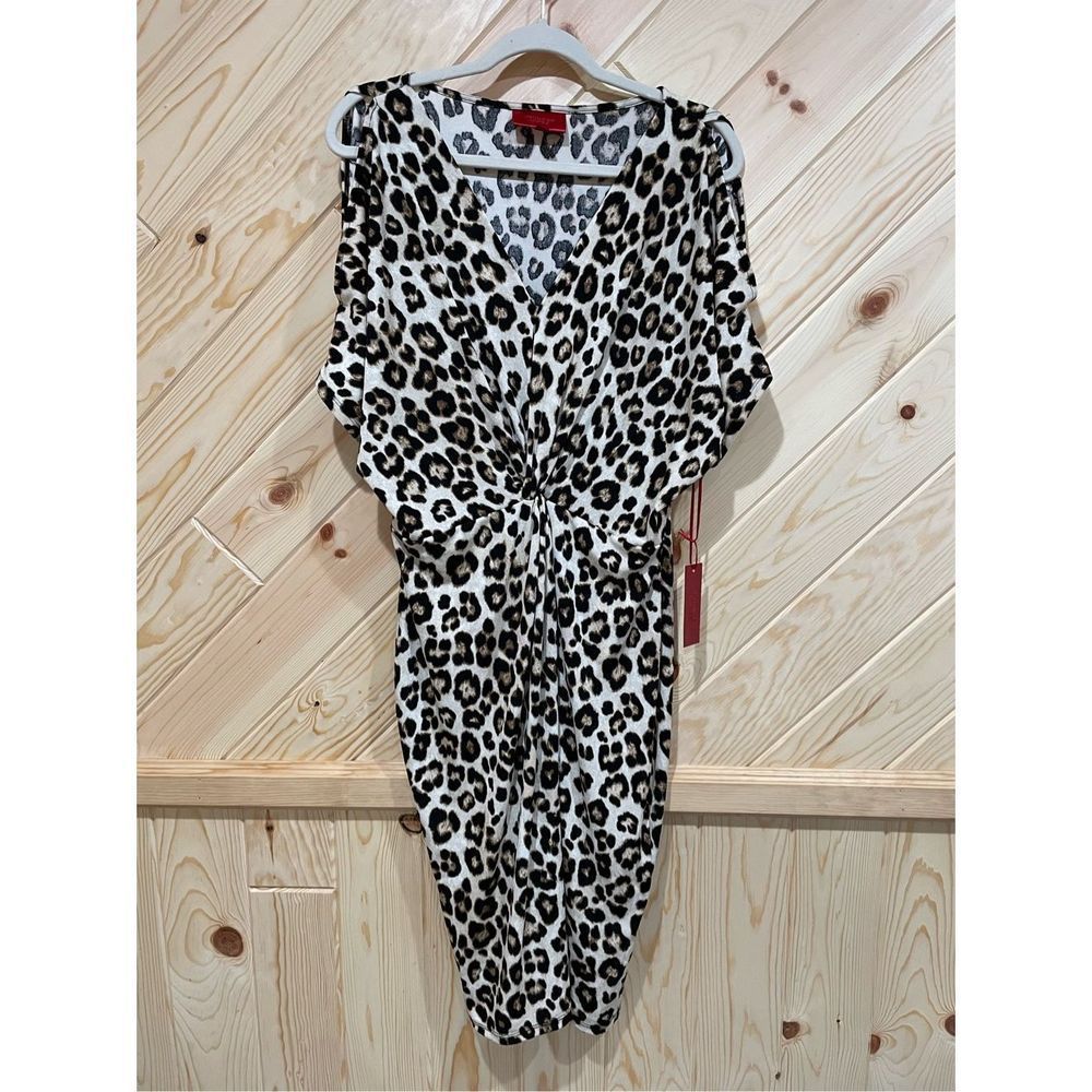 Jennifer Lopez Womens Kimono Dress Leopard Print V Neck Leopard Midi Tan Size XL